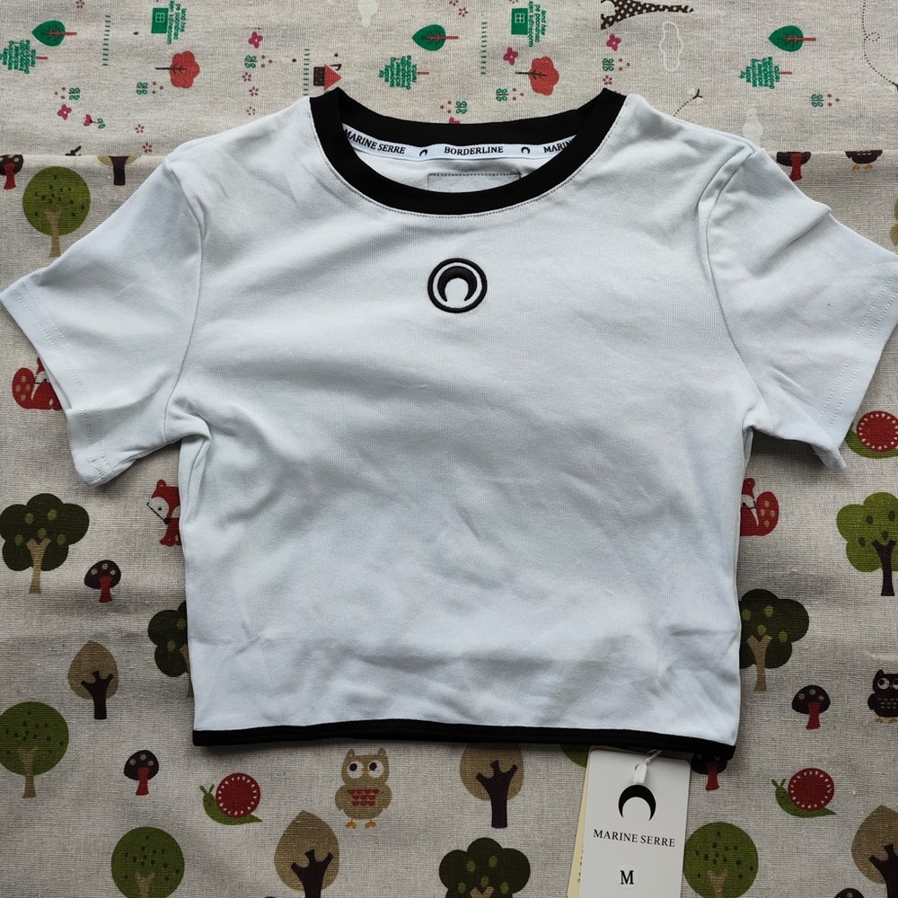 Marine Serre White Crop Tee with Black Trim and Crescent Logo